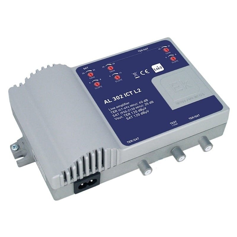 Amplificador doble línea 35-40 dB 2 vías: TER, SAT 2 salidas + TEST